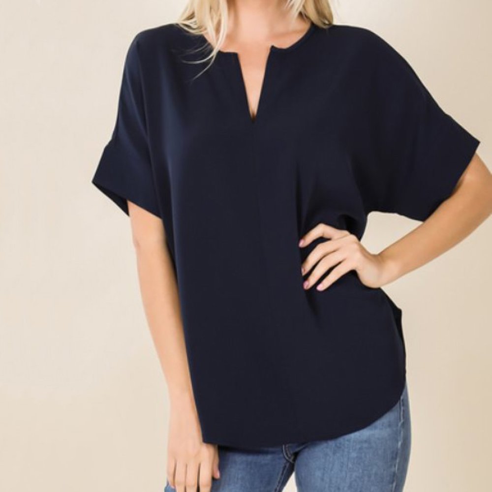 Midnight Blue Woven Split Neck Short Sleeve Blouse